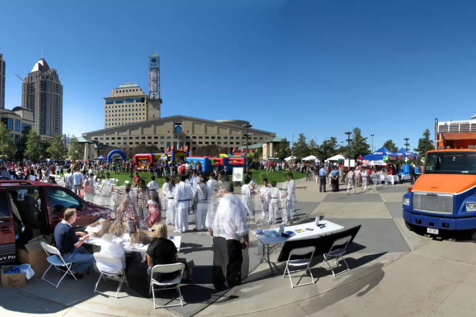 Festivities for "Community Crime Awareness Day." Mississauga City Hall is in the centre of the photo